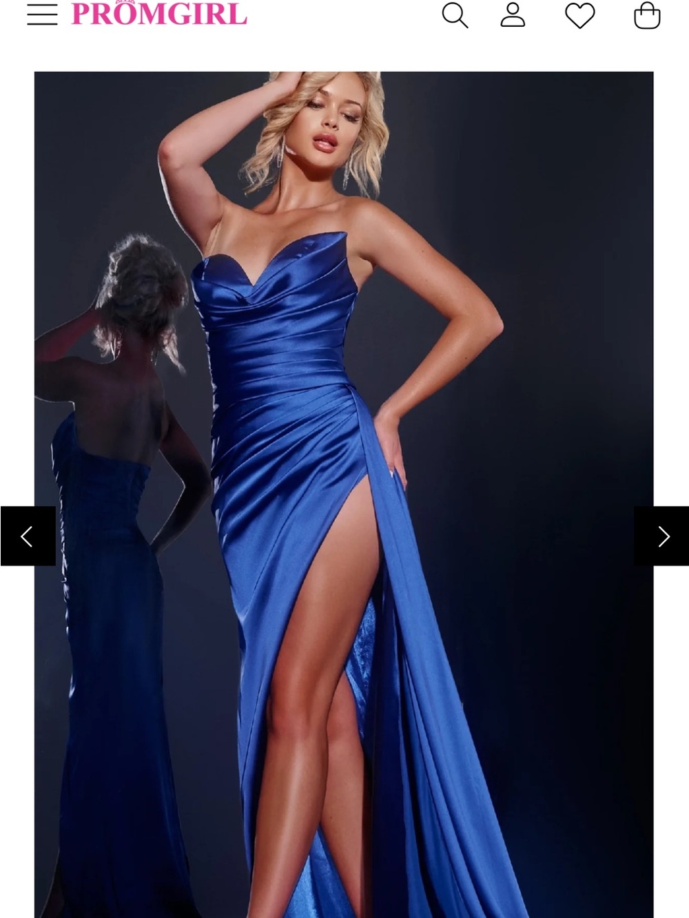 PromGirl Royal Blue Strapless High-Slit Evening Gown